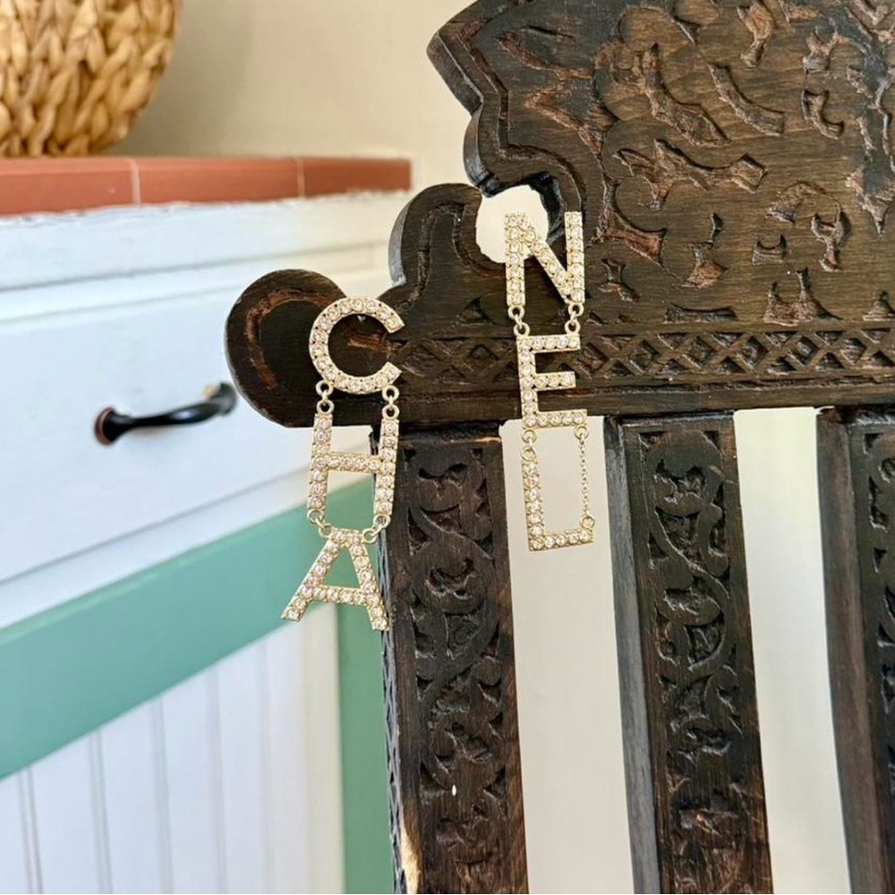 Chanel Crystal Logo Drop Earrings Gold CC Statement Dangle